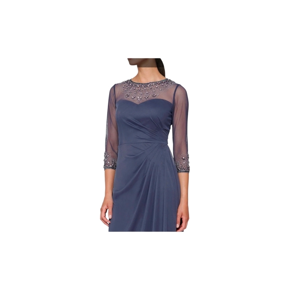 NWT Alex evenings Long Beaded Illusion Sweetheart Neck 3/4 Sleeve Ruched size 16 - Picture 8 of 10
